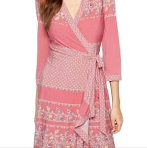 BCBG Maxazria Adele Wrap Dress L Pink Coral Scandinavian Vintage Garden Print Lg